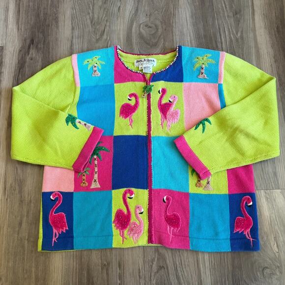Vintage Jack B. Quick Cardigan Size M Embellished Flamingos Zip Up Embellished - Picture 4 of 8